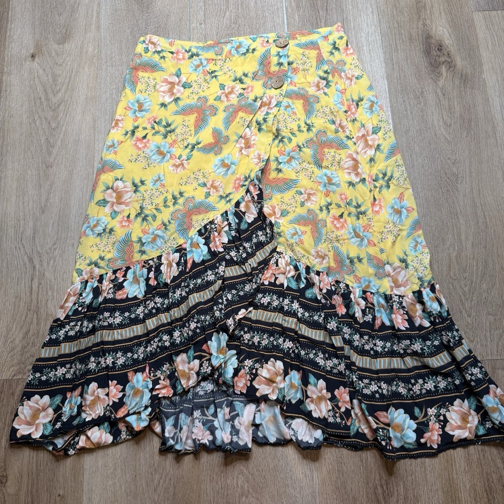 Farm Rio Anthropologie Yellow Floral Butterfly Ruffled Tiered Midi Skirt L Large